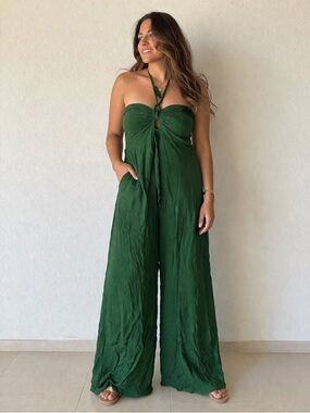 Khush Strapless Wide-Leg Halter Jumpsuit in Forest Green